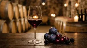 Gelas kristal berisi wine Merlot merah delima dengan buah plum dan latar belakang tong kayu oak