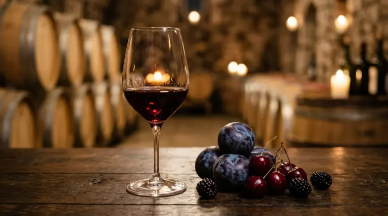 Gelas kristal berisi wine Merlot merah delima dengan buah plum dan latar belakang tong kayu oak