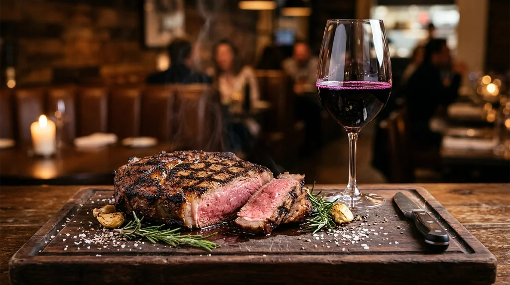 Potongan steak ribeye panggang juicy dengan grill mark arang berdampingan dengan segelas red wine Malbec kristal