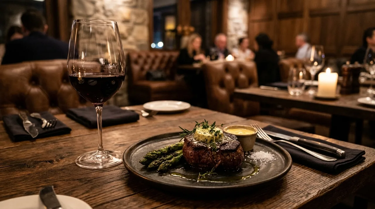 Segelas Cabernet Sauvignon ruby pekat bersanding dengan steak daging panggang dan asparagus di restoran steakhouse mewah