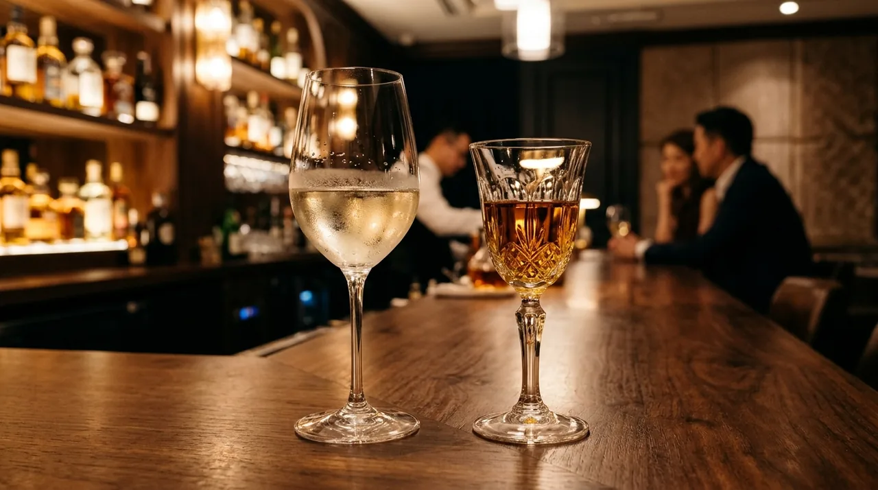 Dua gelas anggur kristal di meja bar elegan memperlihatkan perbedaan dry white wine dan sweet dessert wine