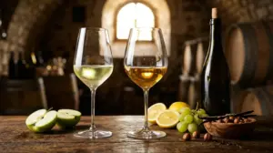 Perbandingan dua gelas wine kristal berisi Sauvignon Blanc kuning kehijauan dan Chardonnay keemasan di atas meja kayu ek