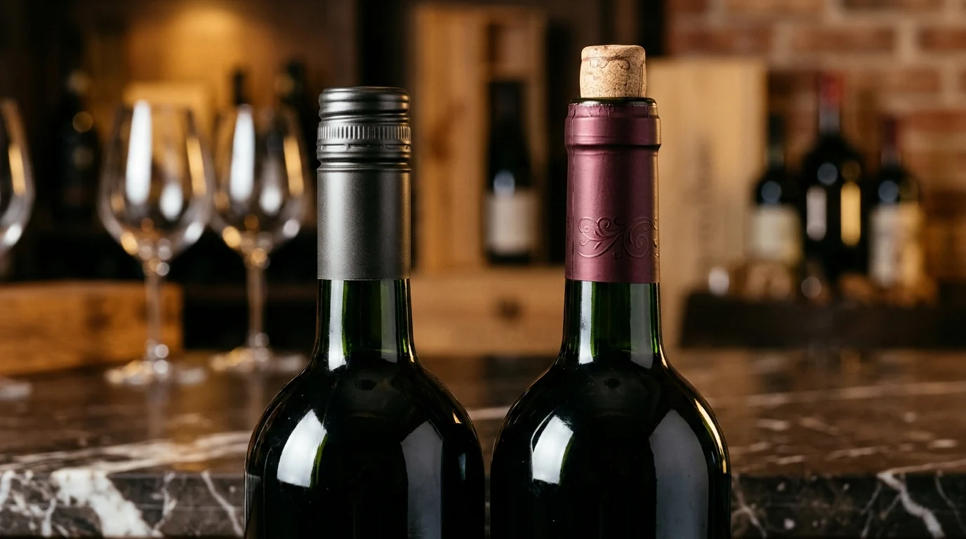 Dua botol wine memperlihatkan perbandingan tutup ulir screwcap metalik modern dan gabus kayu tradisional