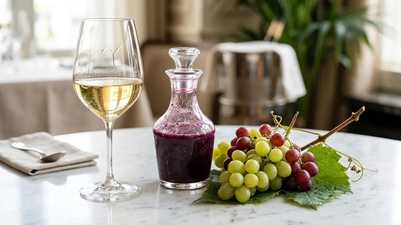 Perbandingan segelas white wine non-alkohol fermentasi dengan segelas jus anggur murni dan tandan buah anggur segar