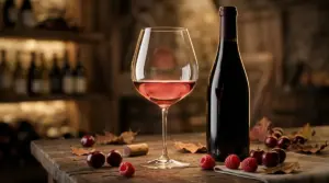 Gelas kristal Burgundy berisi wine Pinot Noir merah ruby transparan di samping botol klasik dan buah ceri