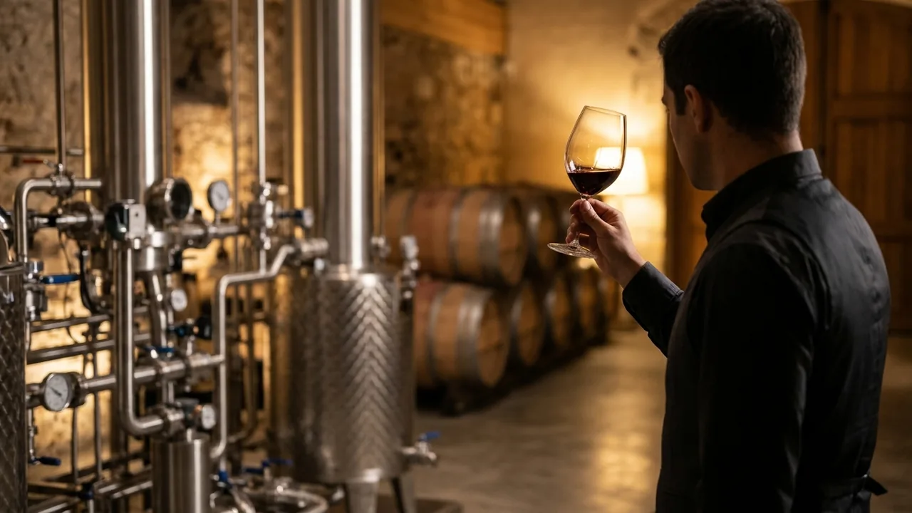 Sommelier mengamati segelas wine di depan instalasi peralatan distilasi vakum berteknologi tinggi di winery