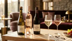 Deretan botol wine manis elegan Moscato berkilau dan Sweet Red di atas meja marmer krem dengan gelas kristal berembun dingin