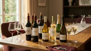 Koleksi kurasi botol red wine, white wine, dan sparkling wine berkualitas di atas meja kayu dengan pencahayaan hangat