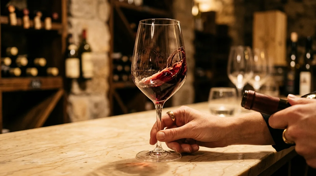 Gelas kristal berisi wine merah sedang di-swirl anggun di atas meja marmer dengan pusaran tears berkilau
