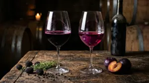 Dua gelas wine kristal berisi Shiraz Australia ungu pekat dan Syrah Prancis garnet dengan buah blackberry dan lada hitam
