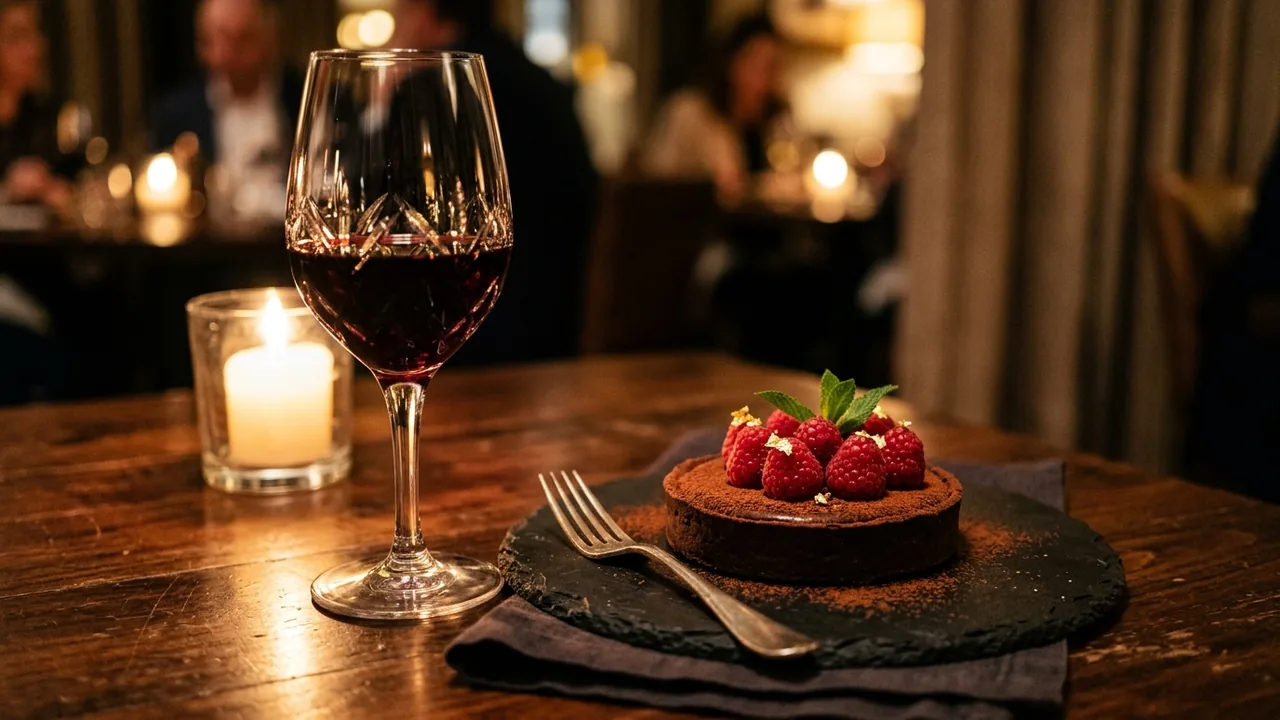 Gelas kristal berisi red wine manis warna merah ruby pekat disajikan berdampingan dengan tart cokelat mewah dan buah beri segar