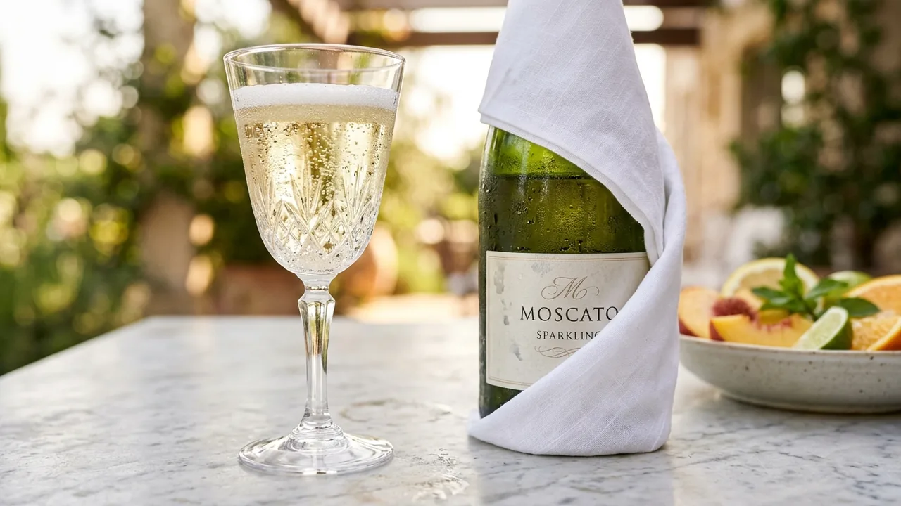 Gelas kristal berembun dingin berisi sparkling wine Moscato manis dengan gelembung effervescent halus dan irisan persik segar