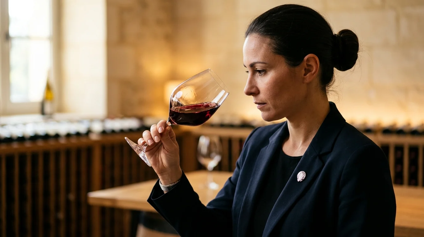 Pemeriksaan visual warna wine merah di bawah pencahayaan ruangan untuk mendeteksi tanda oksidasi