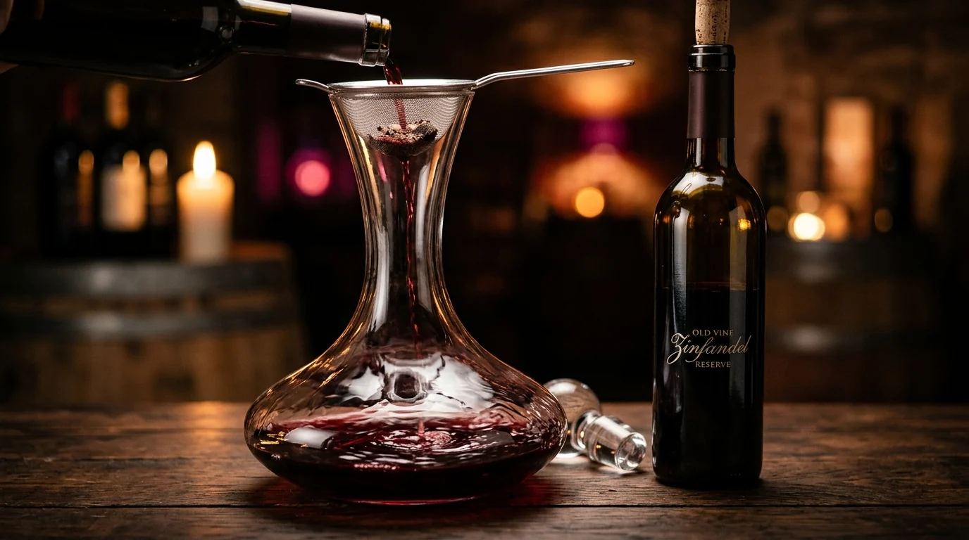 Decanter kristal elegan menyaring tuangan wine merah setelah gabus didorong ke dalam botol