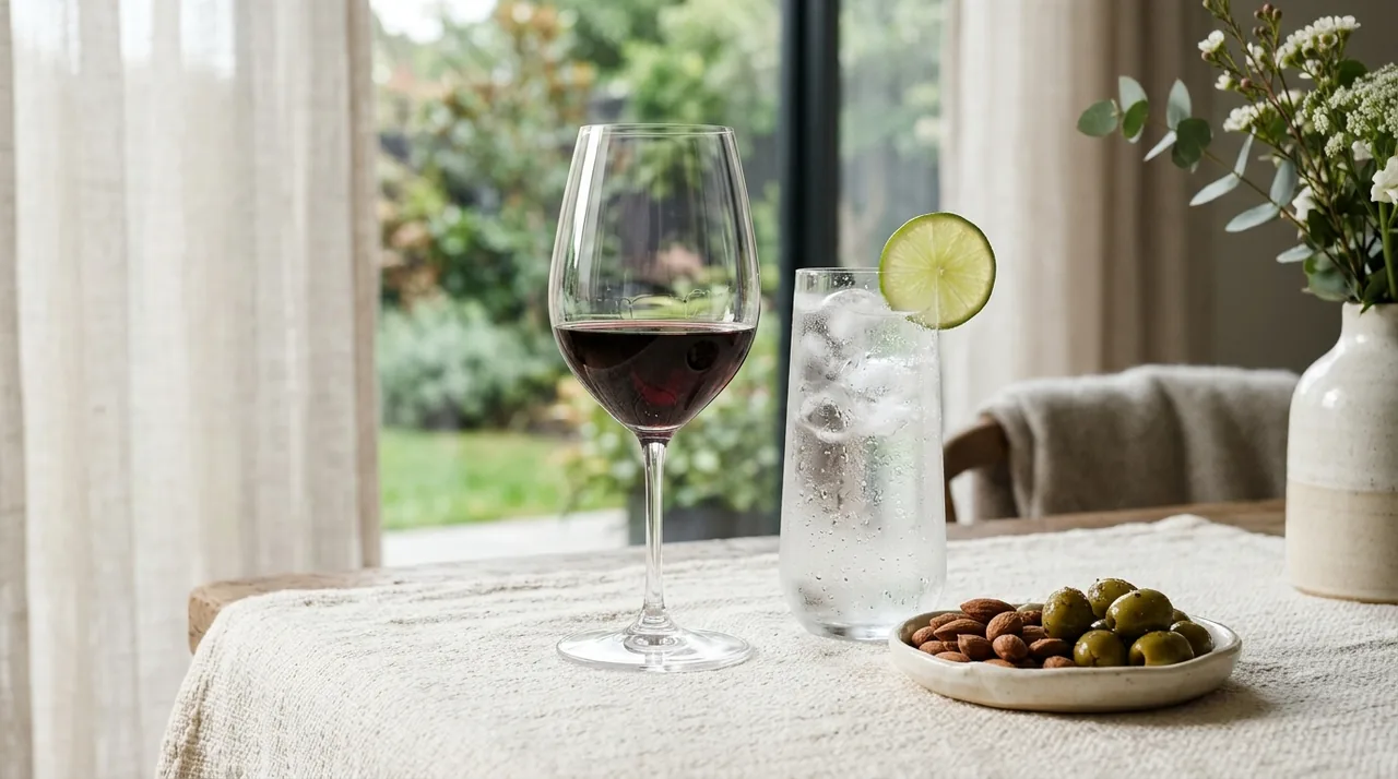 Segelas wine merah ditemani segelas air mineral berembun dingin serta sepiring kecil kacang almond dan buah zaitun