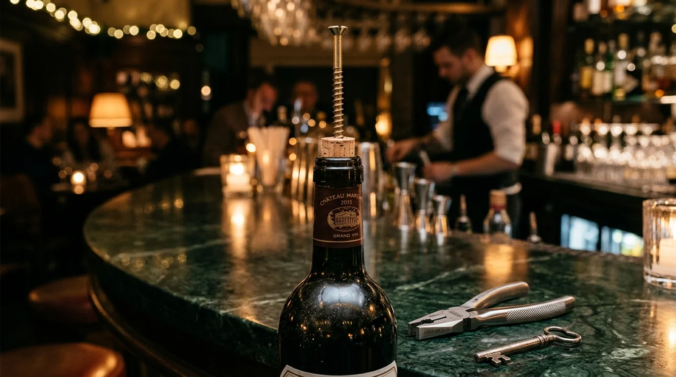 Trik membuka gabus botol wine menggunakan sekrup ulir kasar dan tang di atas meja marmer elegan