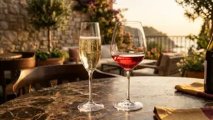 Dua gelas kristal berisi wine merah dan sparkling white wine non-alkohol di atas meja marmer mewah