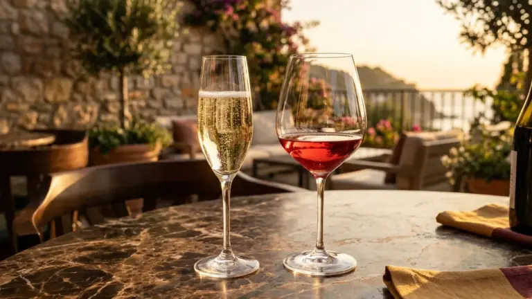 Dua gelas kristal berisi wine merah dan sparkling white wine non-alkohol di atas meja marmer mewah