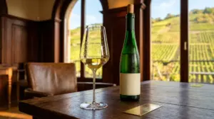 Gelas kristal berisi wine Riesling kuning keemasan segar dengan botol hijau khas Jerman di atas meja kayu berlatar kebun anggur